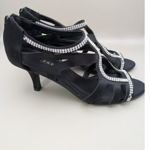 Metaphor Black Strappy Heels Rhinestones Zip Back Heels Womens Size 9 Medium - Picture 2 of 9